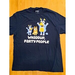 Bluey Adult T-Shirt Bingo Bluey Whaddup Party People Disney Navy Blue Size 2XL